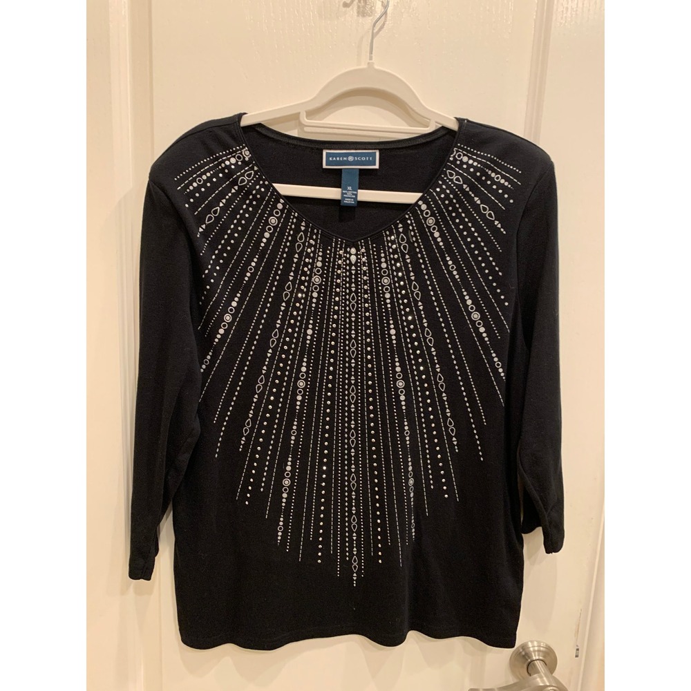 Karen Scott Embellished Top Sparkle‎ Detail 3/4 Sleeve Black XL